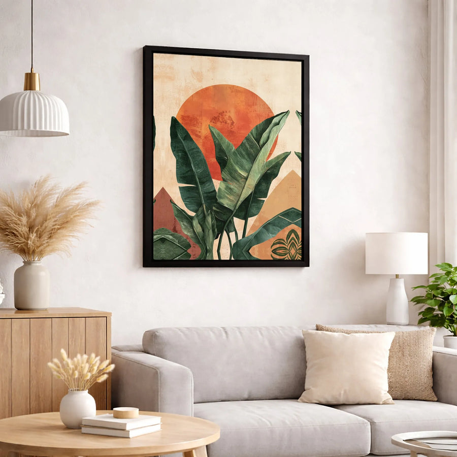 Bohemian Tropical Leaf Wall Art | Abstract Sun Mid-Century Modern Print | Premium Gallery Wrap Canvas | Botanical Home Decor Gift for Living Room