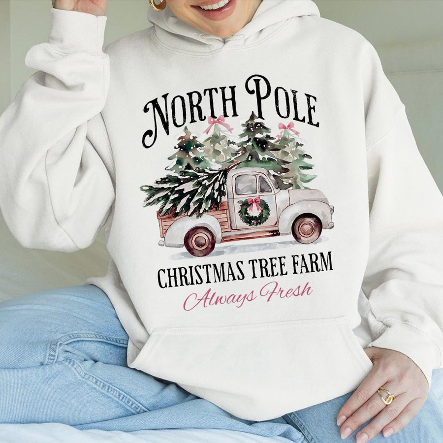 North Pole Christmas Tree Farm Hoodie | Vintage Rustic Truck Holiday Graphic | Premium Cotton Blend | Unisex Winter Gift for Family