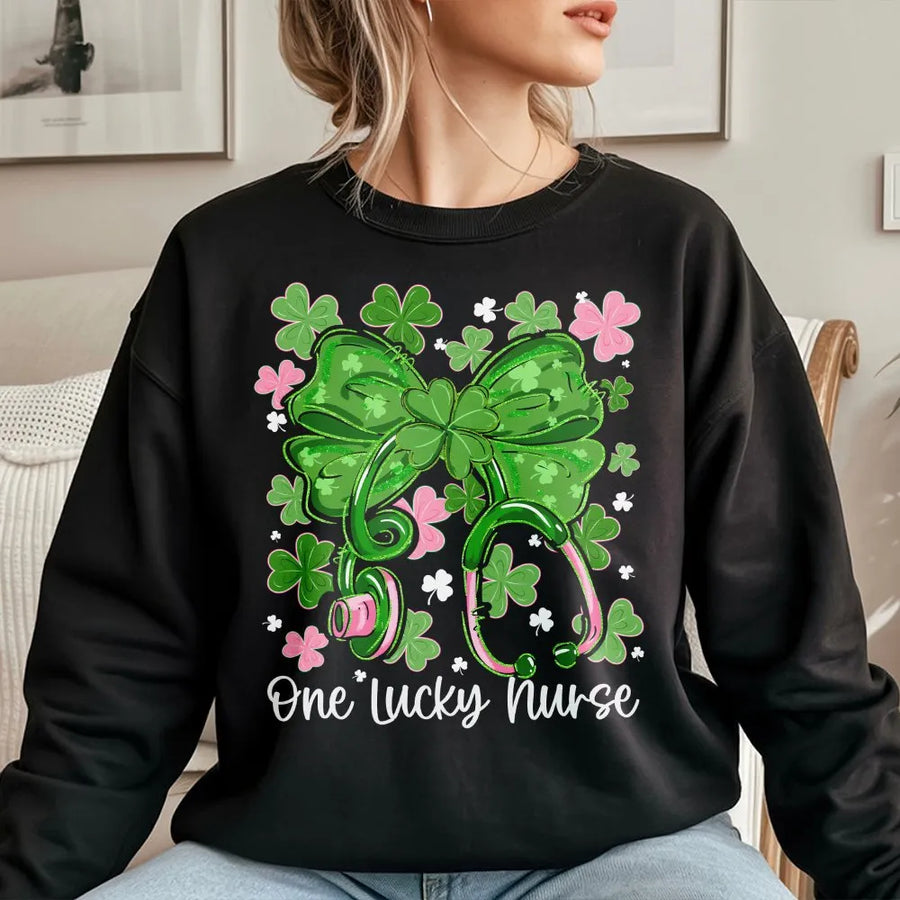 One Lucky Nurse Sweatshirt | St Patrick's Day Shamrock Stethoscope Design | Premium Cotton Blend Crewneck | Cute Nursing School Student Gift
