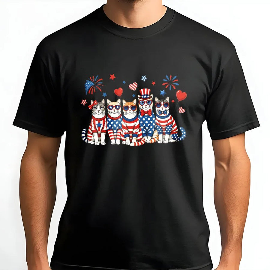 Patriotic Cat T-Shirt | Funny American Flag Kittens Graphic | Soft Cotton Blend Crewneck | Fourth of July Gift for Cat Lover