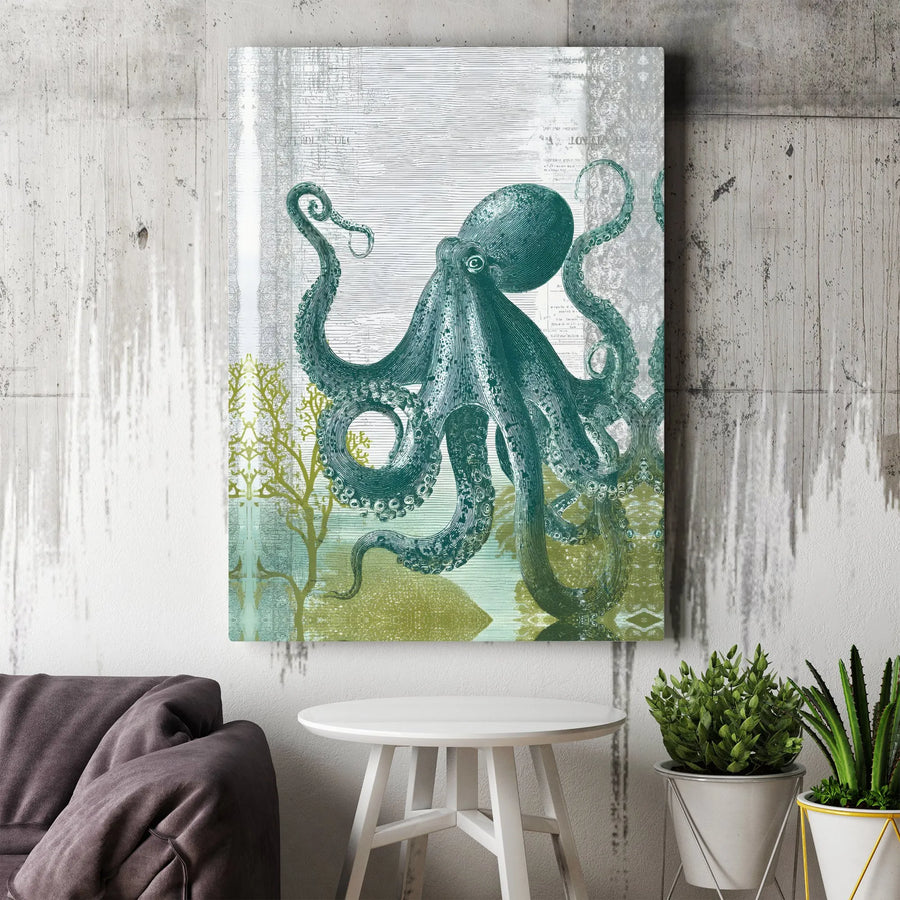 Vintage Octopus Wall Art | Teal Marine Life Scientific Illustration | Premium Gallery Wrapped Canvas | Coastal Beach House Decor Gift