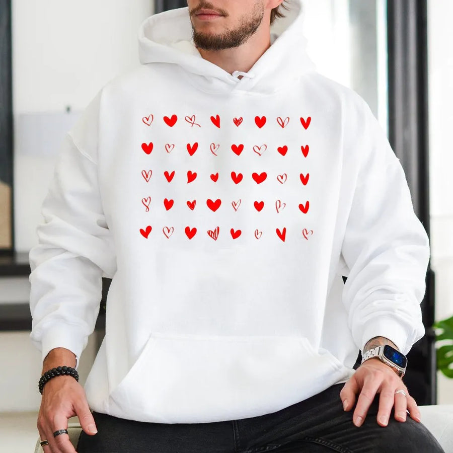 Cute Heart Hoodie | Minimalist Red Hearts Pattern Design | Premium Cotton Blend | Romantic Valentines Day Gift For Her