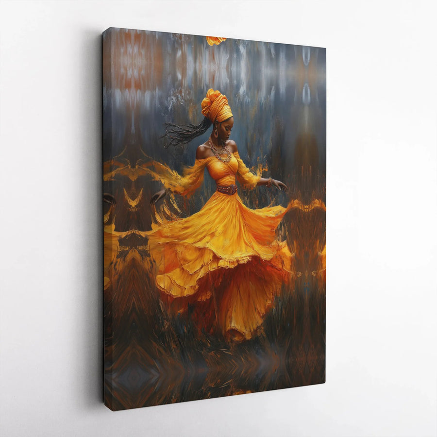 African Woman Canvas Wall Art | Abstract Painting of Dancer in Yellow Dress | Premium Gallery Wrapped Print | Gift for Her, Afrocentric Home Decor