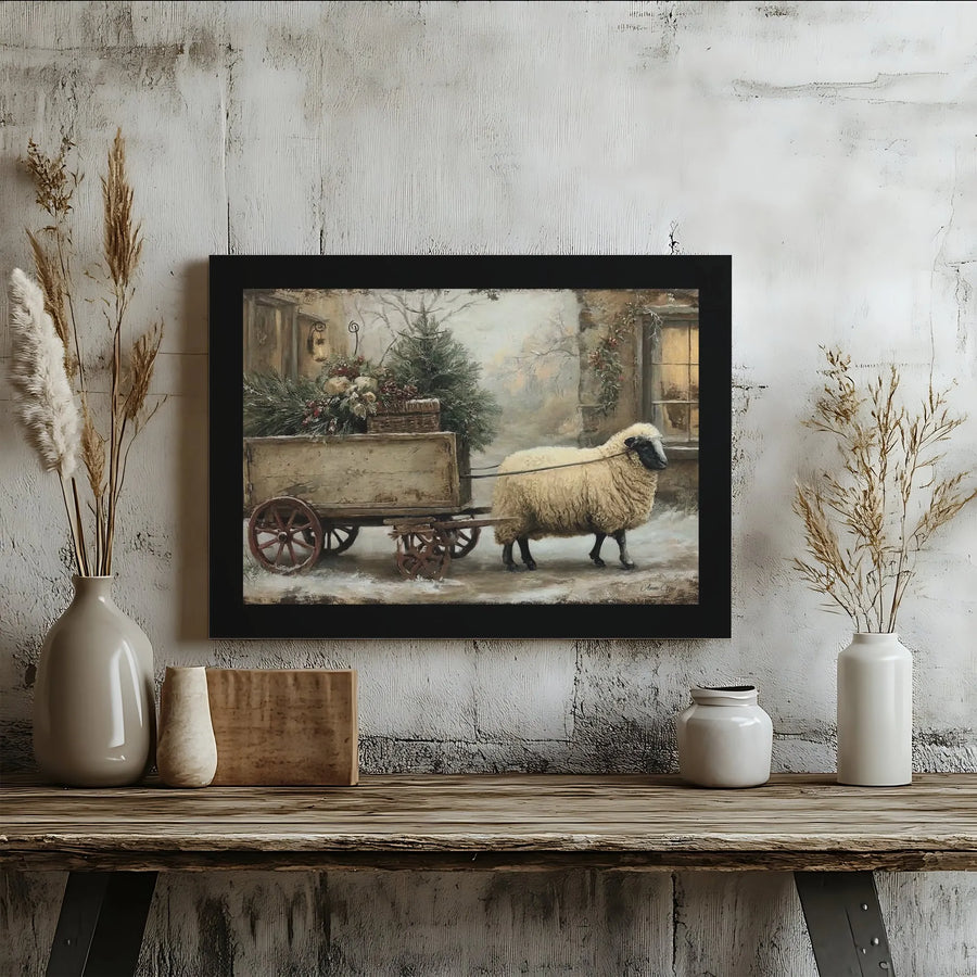 Farmhouse Christmas Wall Art | Sheep Pulling Holiday Cart in Snow | Premium Gallery Wrapped Canvas | Rustic Winter Farm Decor for Home