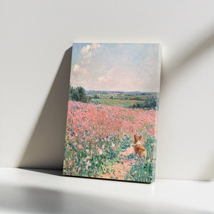Corgi Canvas Wall Art | Impressionist Wildflower Meadow Painting | Premium Gallery Wrap Decor | Dog Lover Gift For Home Office