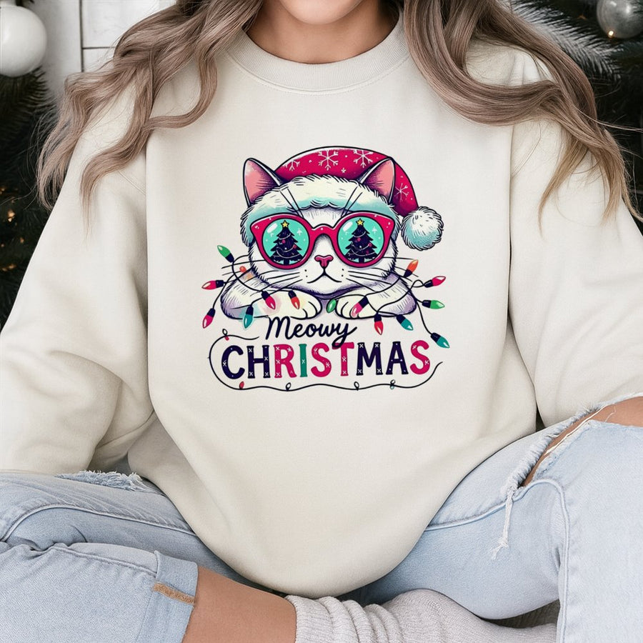 Meowy Christmas Sweatshirt | Cute Cat Santa Glasses Graphic | Cotton Blend Premium Crewneck | Festive Holiday Gift For Cat Lovers