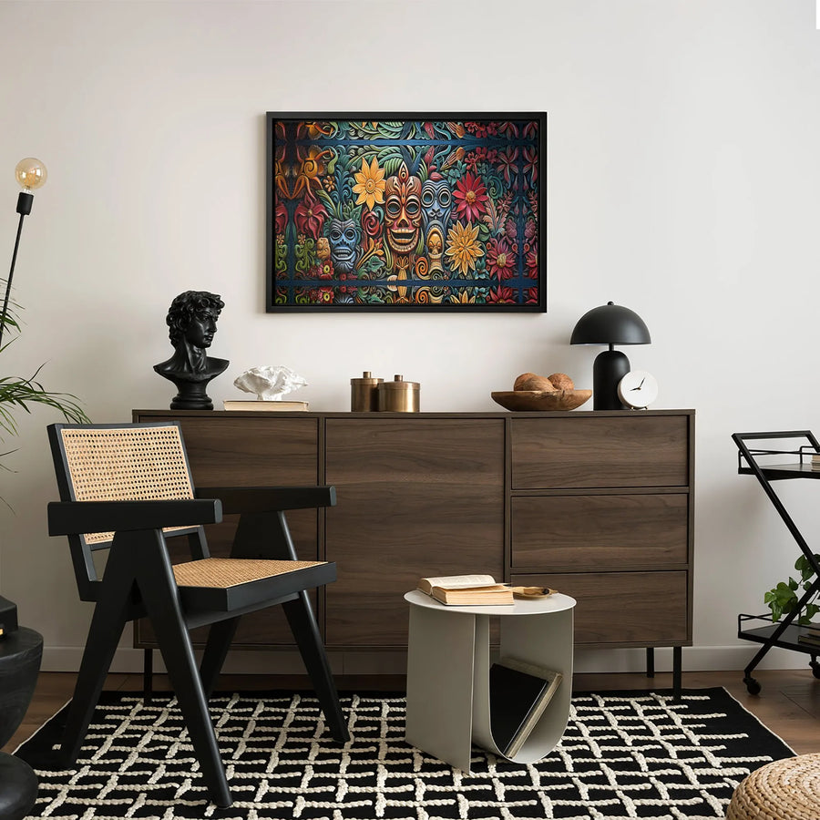 Tiki Mask Wall Art | Tropical Floral Canvas Print | Premium Gallery-Wrapped Decor | Exotic Island Style Gift for Home and Office