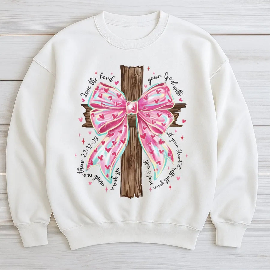 Christian Cross Sweatshirt | Pink Bow Bible Verse Graphic | Premium Cotton Blend | Faith Based Religious Gift for Women and Men