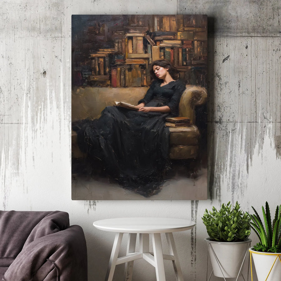 Dark Academia Vertical Canvas | Vintage Woman Reading Painting | Premium Gallery Canvas | Gift for Book Lovers & Readers, Library Decor