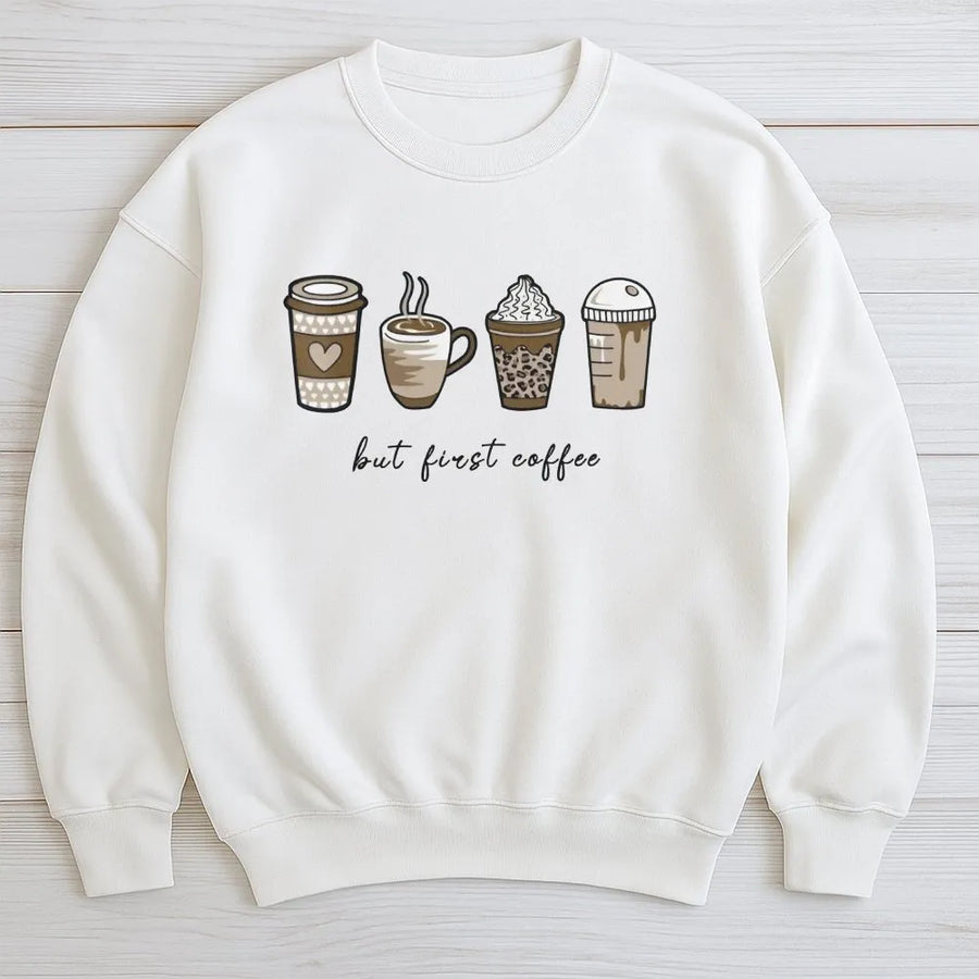 But First Coffee Sweatshirt | Cute Espresso Graphic Print | Premium Cotton Blend Crewneck | Gift for Caffeine Lovers & Baristas