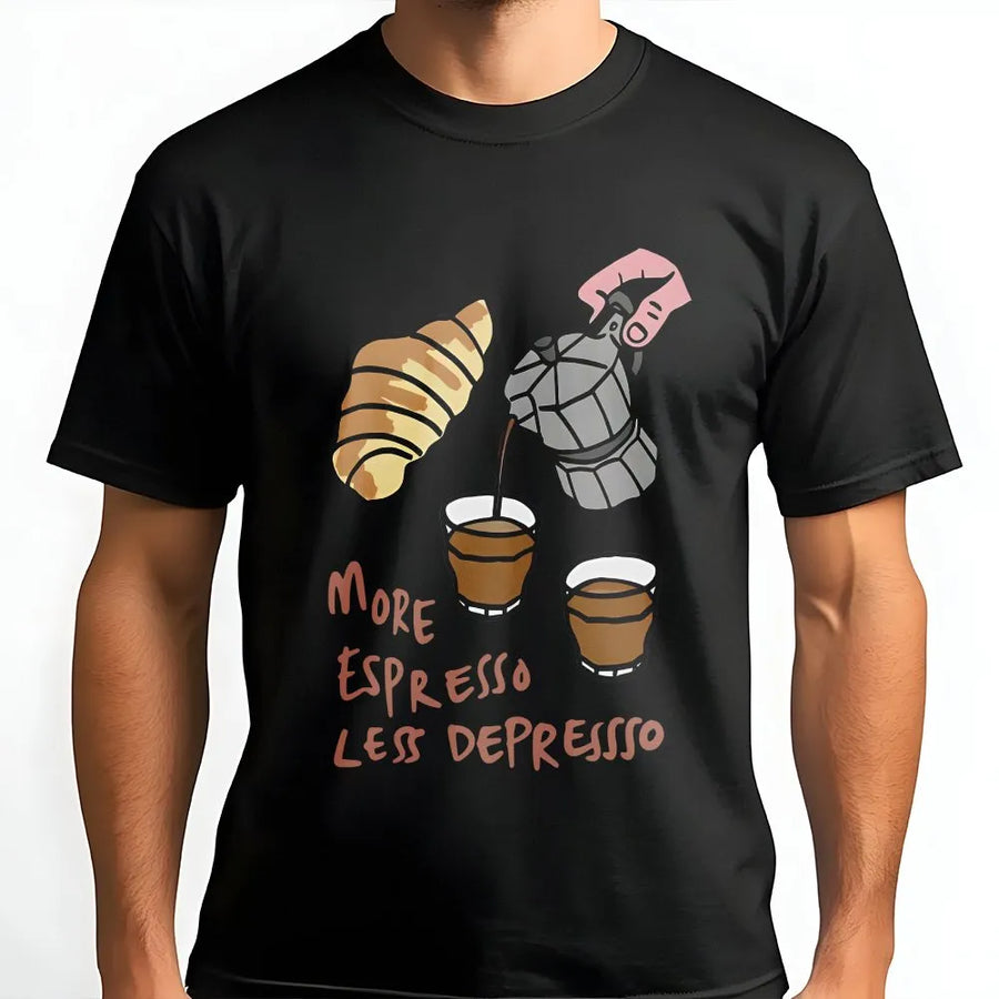 Espresso T-Shirt | More Espresso Less Depresso Funny Quote | Premium Cotton Blend | Gift for Coffee Lover & Barista