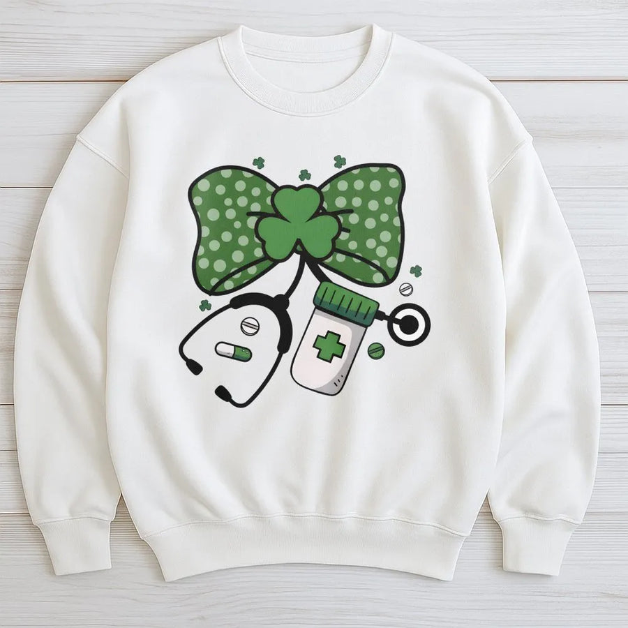 St. Patricks Day Nurse Sweatshirt | Shamrock Stethoscope Bow Design | Premium Cotton Blend | Cute Medical Professional Gift for Her