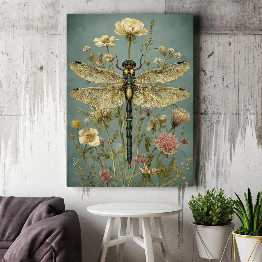 Golden Dragonfly Canvas Wall Art | Botanical Wildflower Print | Premium Gallery Wrapped Decor | Nature Lover Home Office Gift