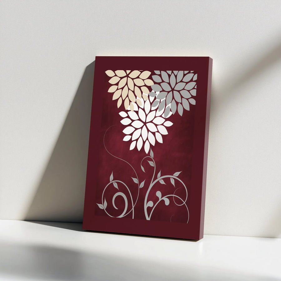 Abstract Floral Canvas Wall Art | Burgundy and Silver Botanical Print | Premium Thick Gallery Canvas | Modern Living Room Home Decor Gift