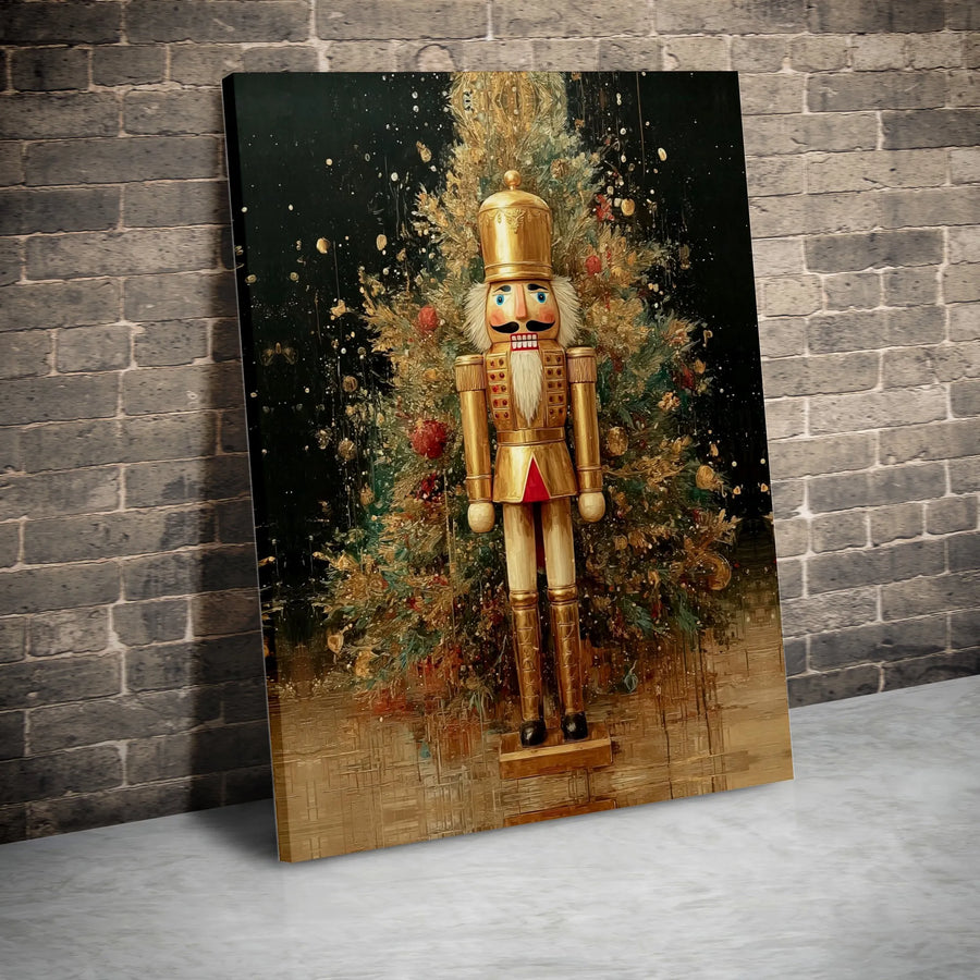 Golden Nutcracker Canvas Wall Art | Festive Christmas Tree Portrait | Premium Gallery Wrap Decor | Holiday Living Room Gift