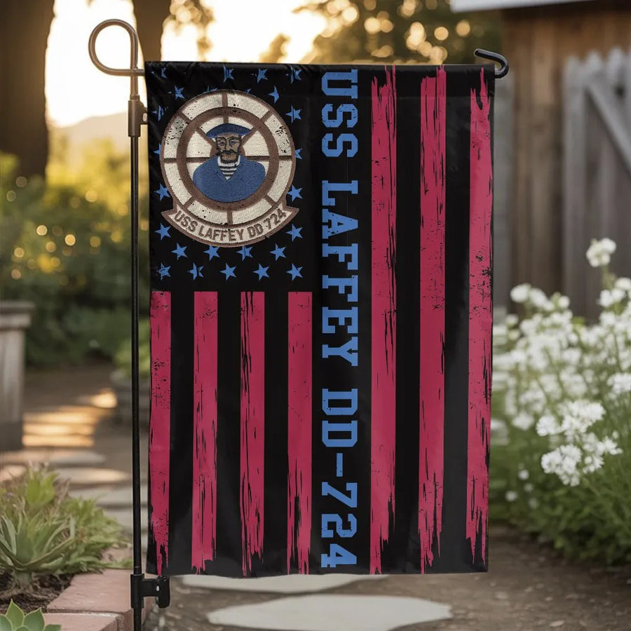 USS Laffey DD-724 Destroyer Garden Flag | Distressed Patriotic Navy Ship Crest Design | Weather-Resistant Premium Polyester | Veteran Gift, Military Memorial Outdoor Decor