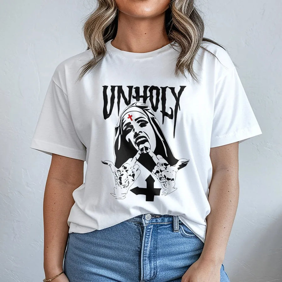 Unholy Nun Graphic T-Shirt | Edgy Goth Streetwear Artwork | Premium Cotton Blend | Gift for Alternative Fashion Lovers