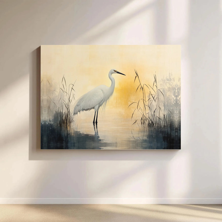 Great White Egret Canvas Wall Art | Marsh Bird Sunset Landscape | Premium Gallery Wrapped Print | Coastal Home Decor Gift