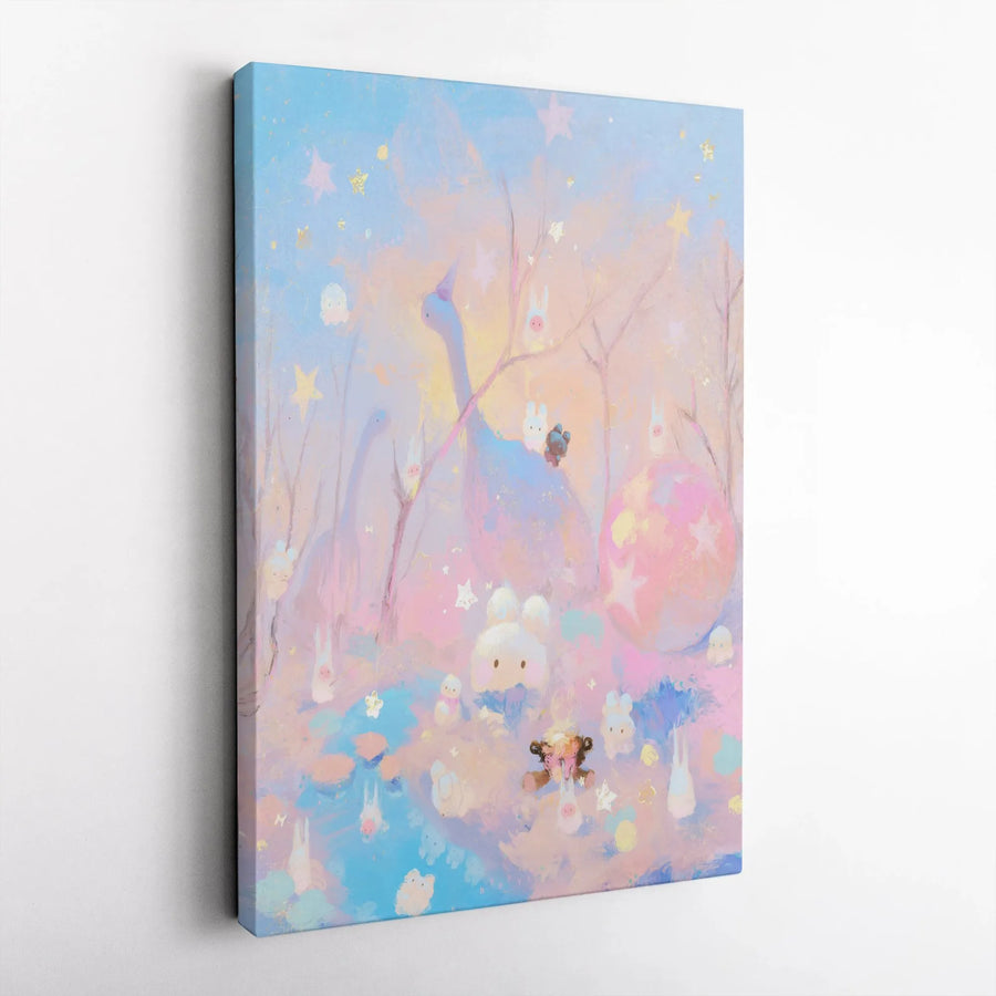 Kawaii Bunny & Dinosaur Vertical Canvas | Whimsical Pastel Forest Print | Premium Gallery Wrapped Canvas | Nursery & Kids Room Decor Gift