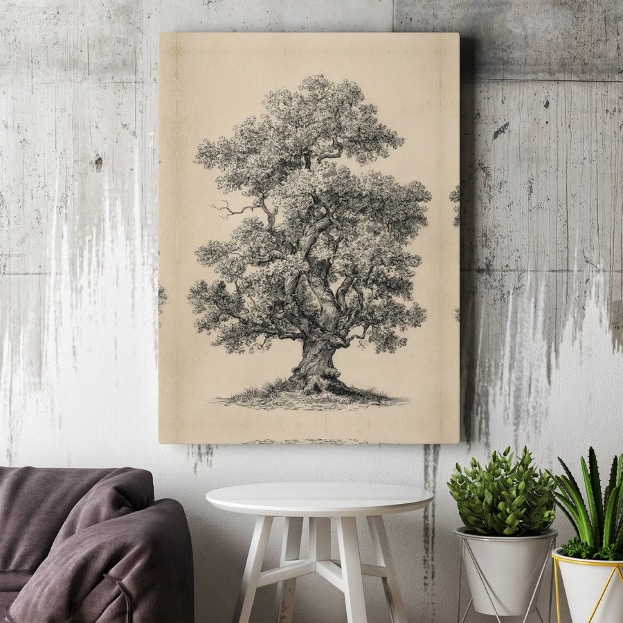Vintage Oak Tree Canvas Wall Art | Botanical Charcoal Sketch Print | 1.25” Gallery Wrap Decor | Rustic Nature Lover Gift