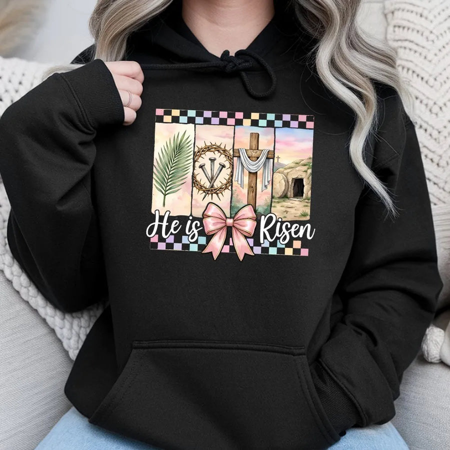 He Is Risen Hoodie | Watercolor Cross and Empty Tomb Design | Premium Cotton-Blend | Religious Easter Gift for Women and Men