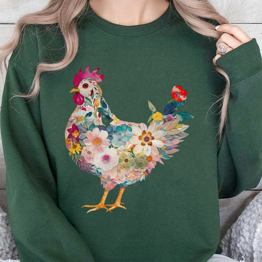 Floral Chicken Sweatshirt | Botanical Hen Graphic Art | Premium Cotton Blend Unisex Crewneck | Cute Farm Animal Gift for Chicken Lovers