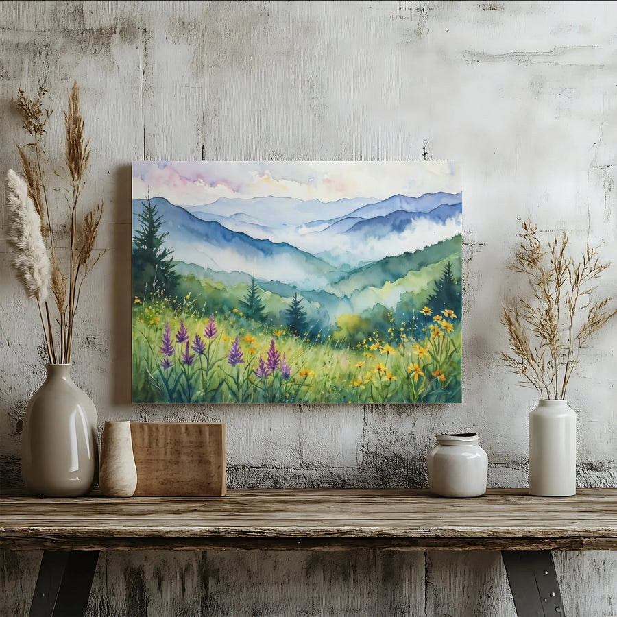 Watercolor Mountain Landscape Canvas | Wildflower Meadow Wall Art | Premium Gallery Wrap Print | Nature-Inspired Home Decor Gift