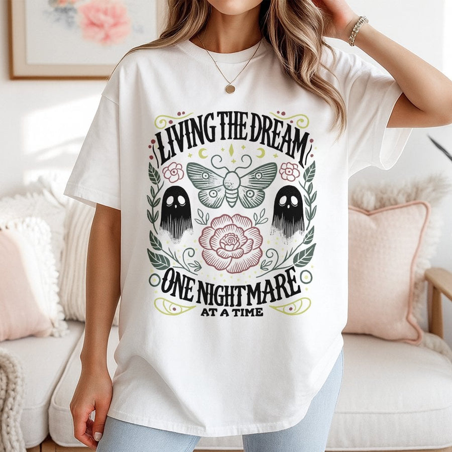 Living The Dream One Nightmare At A Time T-Shirt | Spooky Ghost Moth Graphic | Premium 100% Cotton Tee | Gothic Halloween Gift For Her