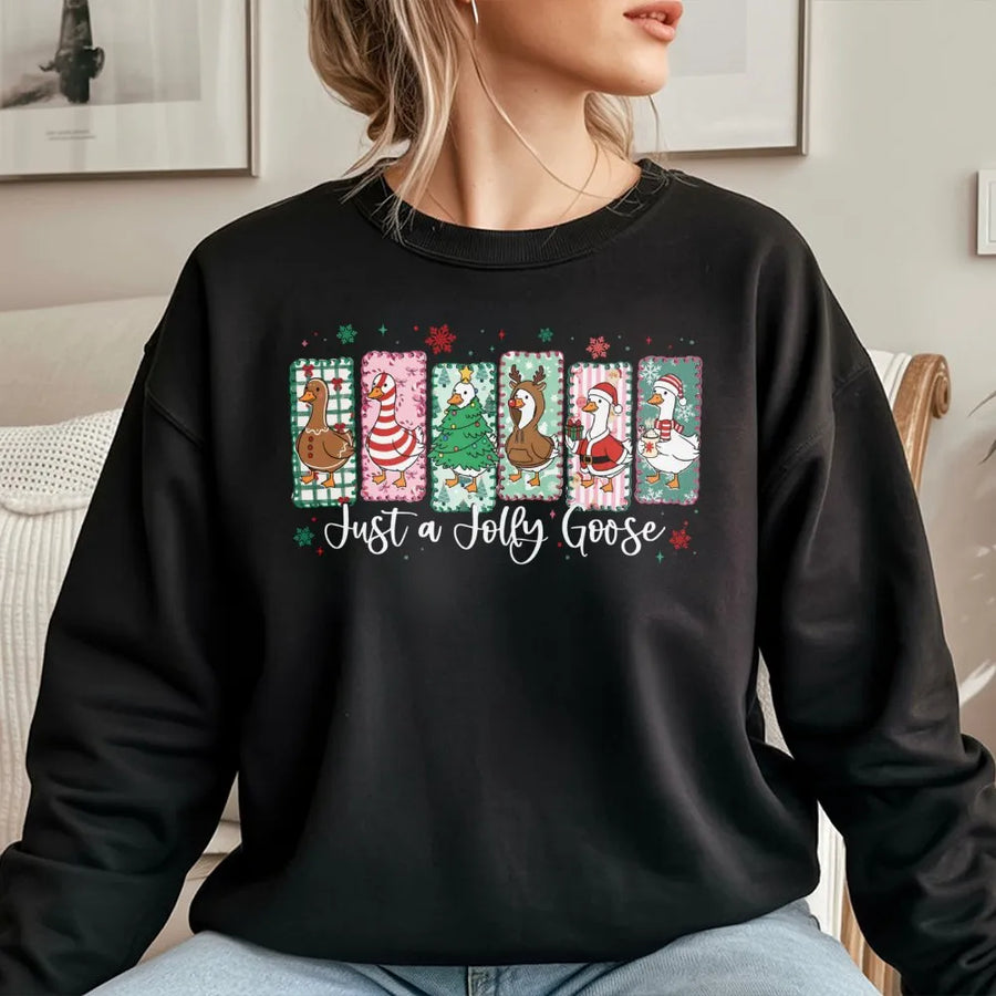 Jolly Goose Christmas Sweatshirt | Funny Festive Duck Holiday Design | Premium Cotton Blend Crewneck | Cute Animal Lover Gift For Winter