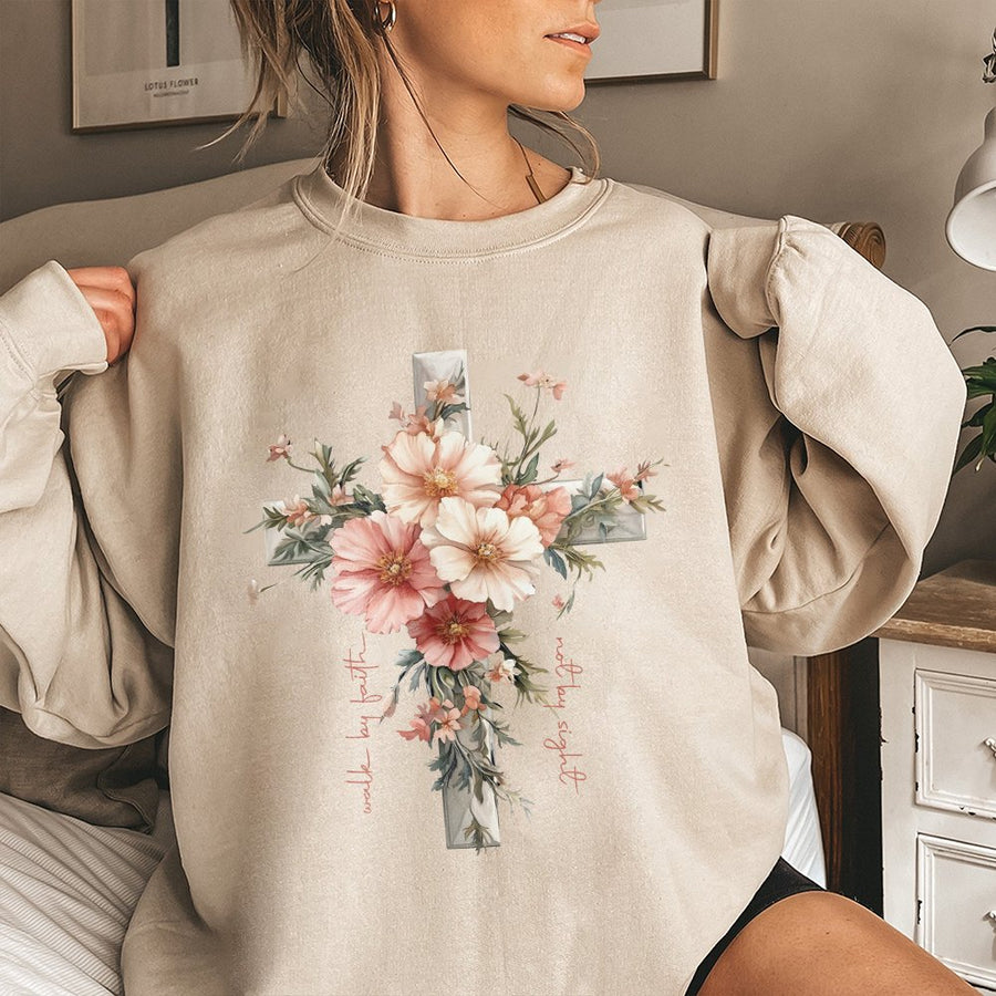 Floral Cross Sweatshirt | Walk By Faith Not By Sight Christian Quote | Premium Cotton Blend Crewneck | Religious Gift for Women