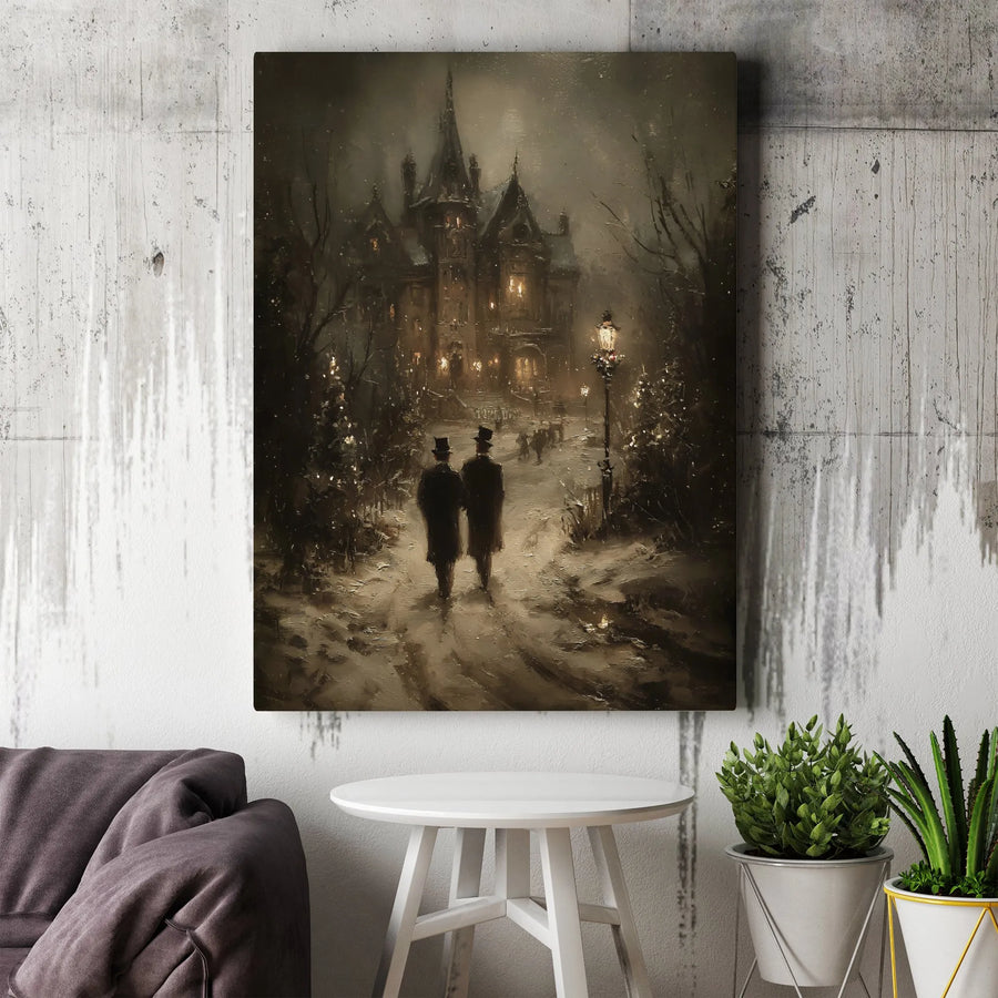 Victorian Winter Mansion Canvas Art | Snowy Gaslamp Street Scene | Premium Gallery Wrap Print | Atmospheric Moody Wall Decor for Victorian Lovers