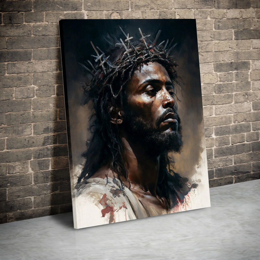 Black Jesus Canvas Wall Art | African American Christian Art with Crown of Crosses | Premium High-Resolution Print | Inspirational Religious Home Decor Gift