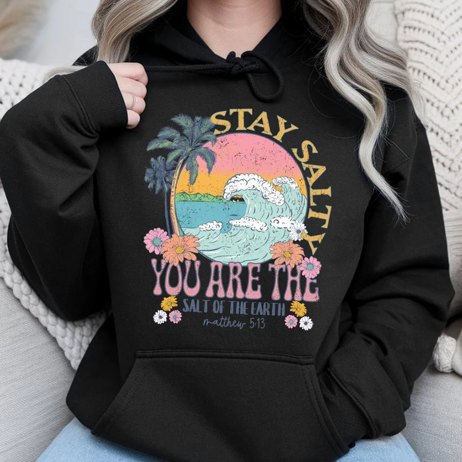 Stay Salty Christian Hoodie | Retro Beach Wave Graphic with Matthew 5:13 Verse | Soft Cotton-Blend Sweatshirt | Faith Based Gift for Women