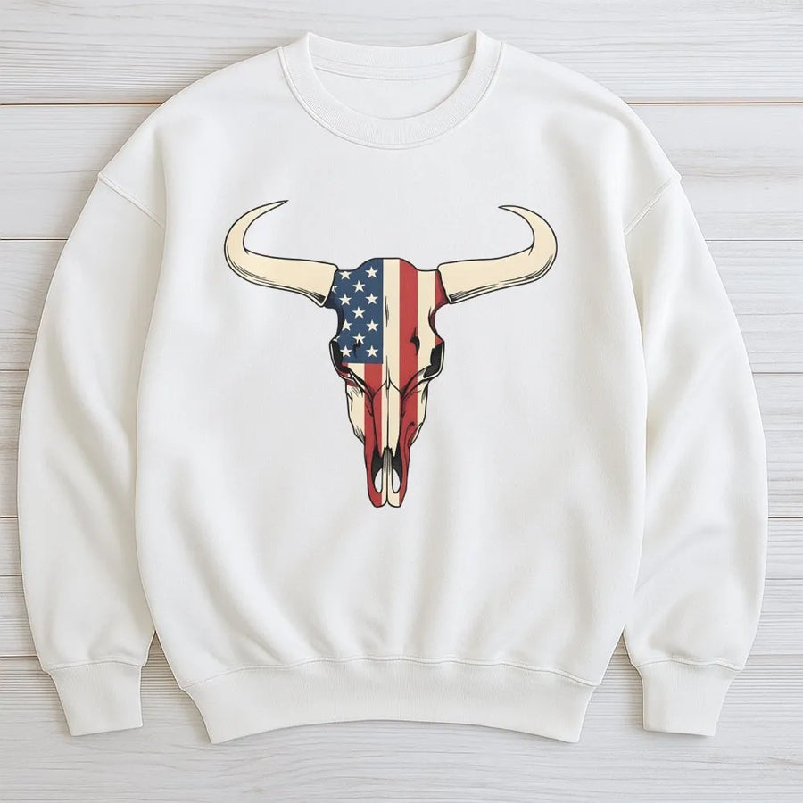 American Flag Bull Skull Sweatshirt | Patriotic Western Cowboy Graphic Print | Soft Cotton-Blend Premium Crewneck | Country Gift for Him and Her