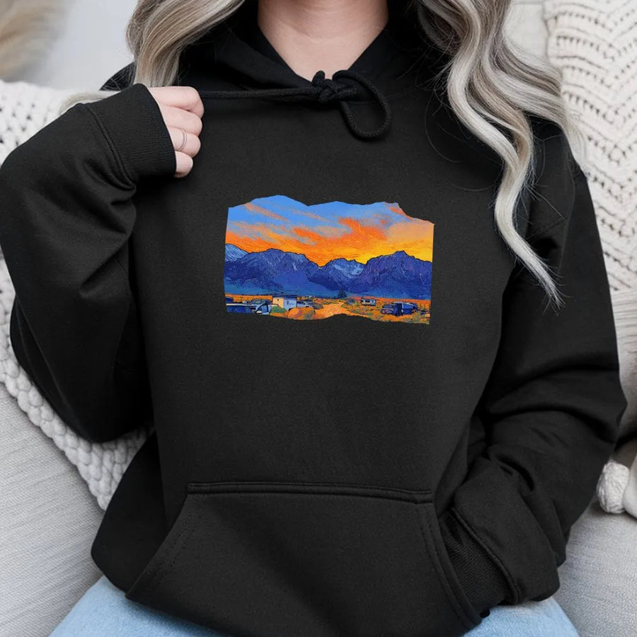 Desert Landscape Hoodie | Artistic Sunset Mountain RV Print | Premium Cotton Blend | Travel Lover Gift for Outdoor Enthusiasts