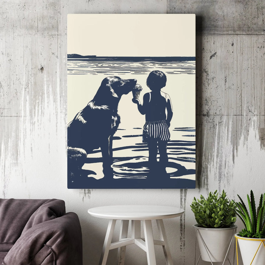 Coastal Dog and Boy Beach Art | Vintage Style Ice Cream Print | Premium Gallery Wrapped Canvas | Charming Nursery or Living Room Wall Decor