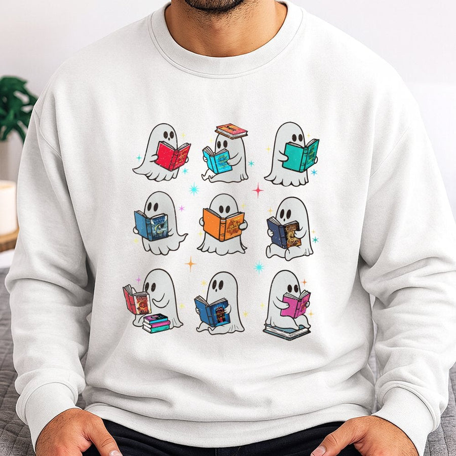 Reading Ghost Sweatshirt | Cute Book Lover Graphic Crewneck | Soft Cotton Blend | Gift For Librarians Teachers And Bibliophiles