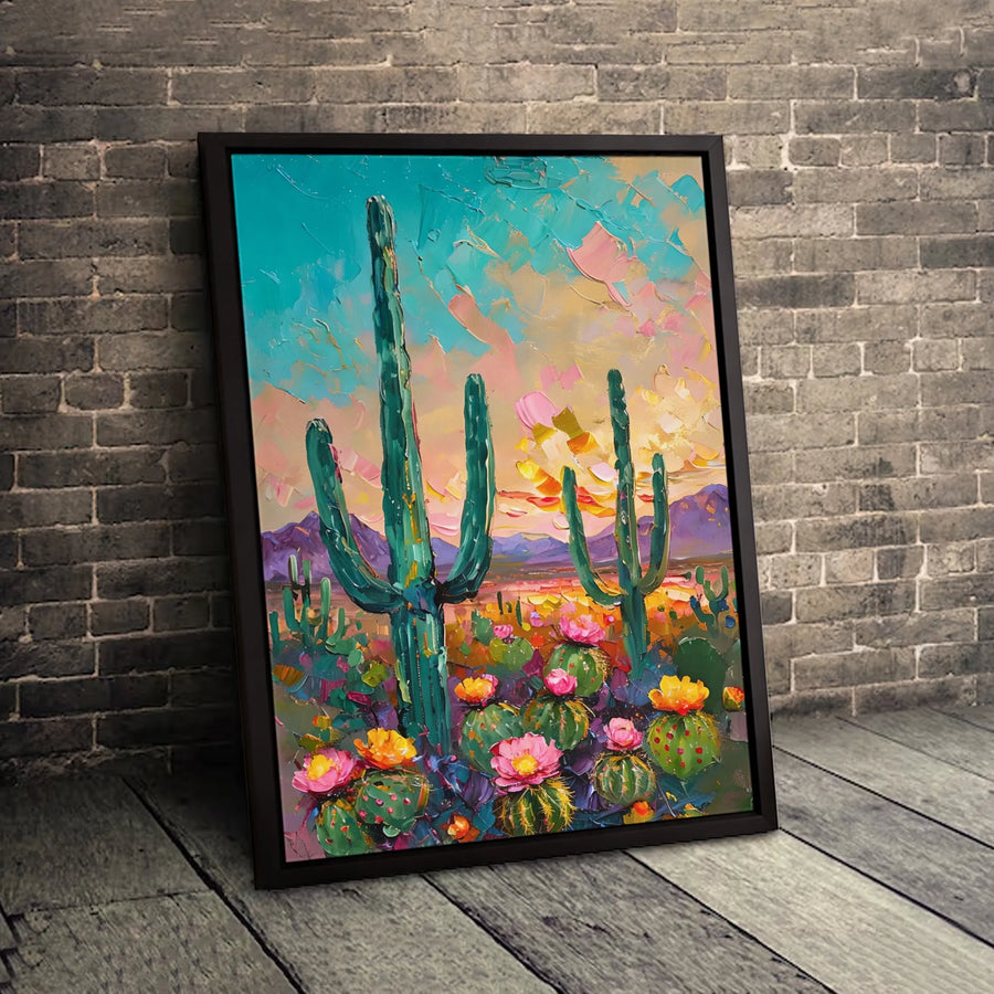 Colorful Desert Landscape Canvas Print | Saguaro Cactus Impasto Oil Painting Style | 1.25 Inch Gallery Wrap | Modern Boho Southwestern Home Decor