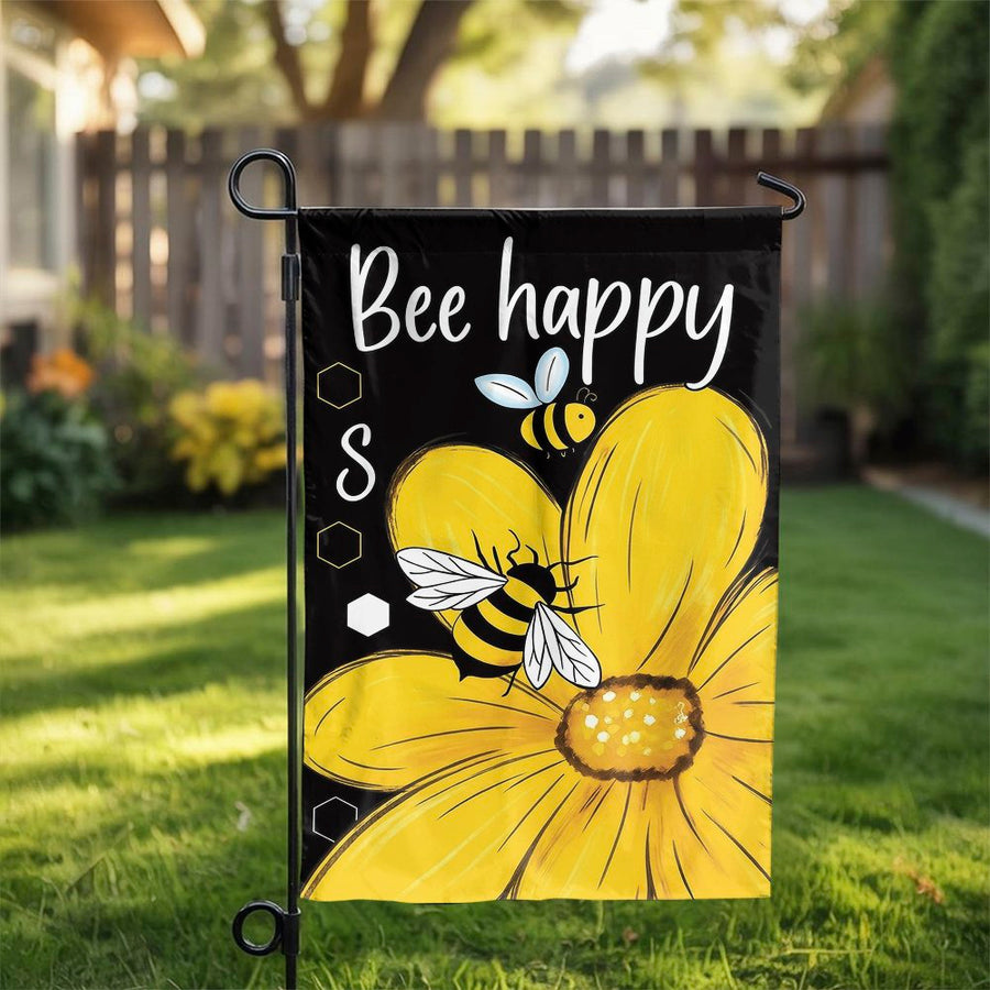 Bee Happy Garden Flag | Cute Honeybee and Yellow Flower Yard Decor | Weather-Resistant Premium Polyester | Cheerful Outdoor Welcome Sign for Lawn