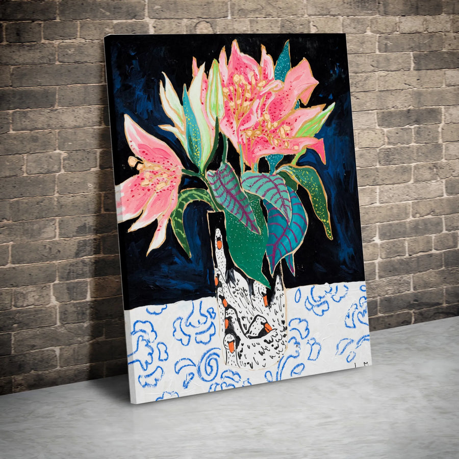 Swan Vase Lily Bouquet Canvas Print | Vibrant Still Life with Pink Lilies | Premium Gallery Wrapped Art | Collector's Modern Home Decor for Living Room