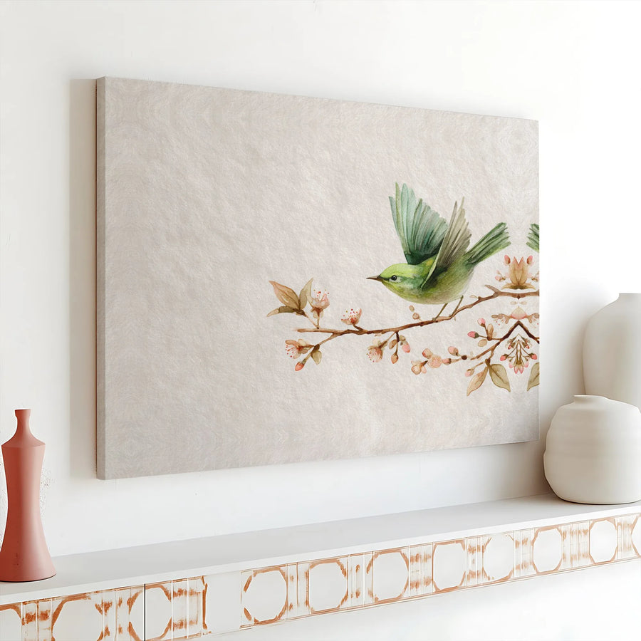 Minimalist Bird Canvas Wall Art | Japanese Watercolor Green Bird on Blossom Branch | Premium Fade-Resistant Print | Zen Living Room Decor Gift
