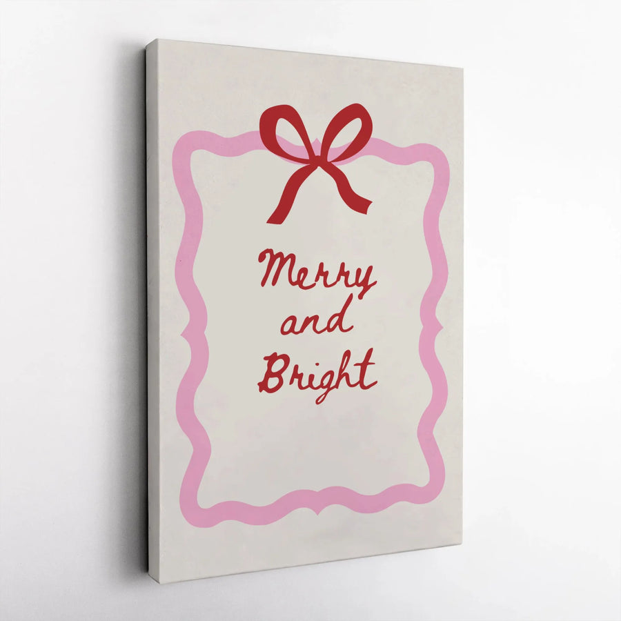Merry and Bright Canvas Wall Art | Christmas Holiday Gift Decor | Premium Gallery Wrap Print | Festive Red Bow Minimalist Poster for Living Room