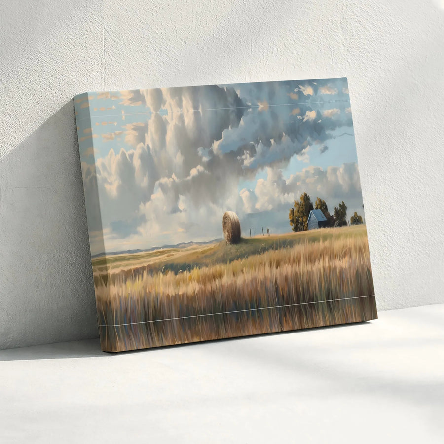 Rustic Farmhouse Canvas Print | American Prairie Landscape Painting | Premium Gallery Wrap Canvas | Rustic Home Decor Gift for Farmer