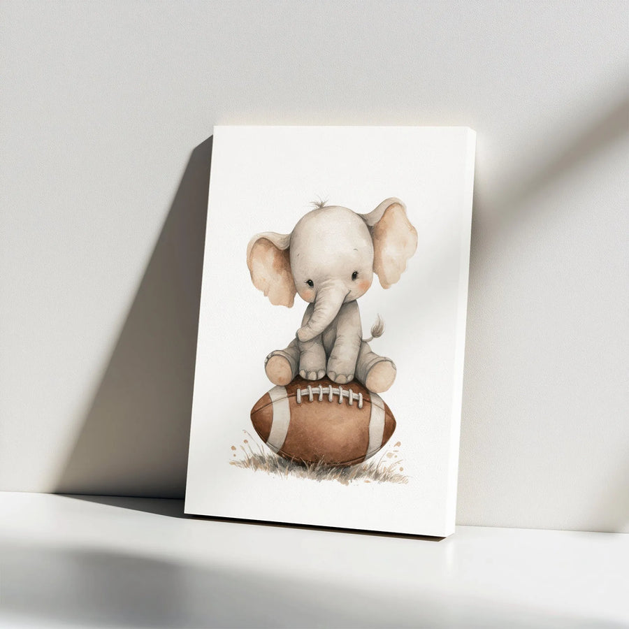 Baby Elephant Football Canvas Wall Art | Cute Watercolor Animal Print | Premium Gallery Wrapped Canvas | Nursery Decor for Boys Room Sports Theme Gift