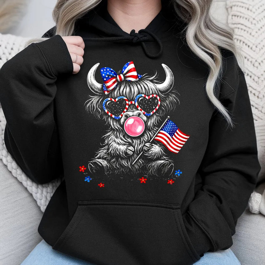 4th of July Highland Cow Hoodie | Patriotic American Flag Cowgirl Graphic | Premium Soft Pullover | USA Western Gift for Her