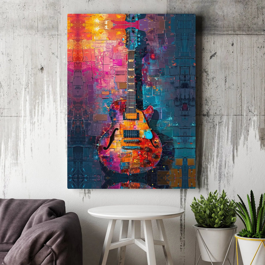 Colorful Abstract Guitar Canvas Wall Art | Mosaic Electric Guitar Print | Premium Gallery-Wrap Decor | Musician Gift for Music Room Studio