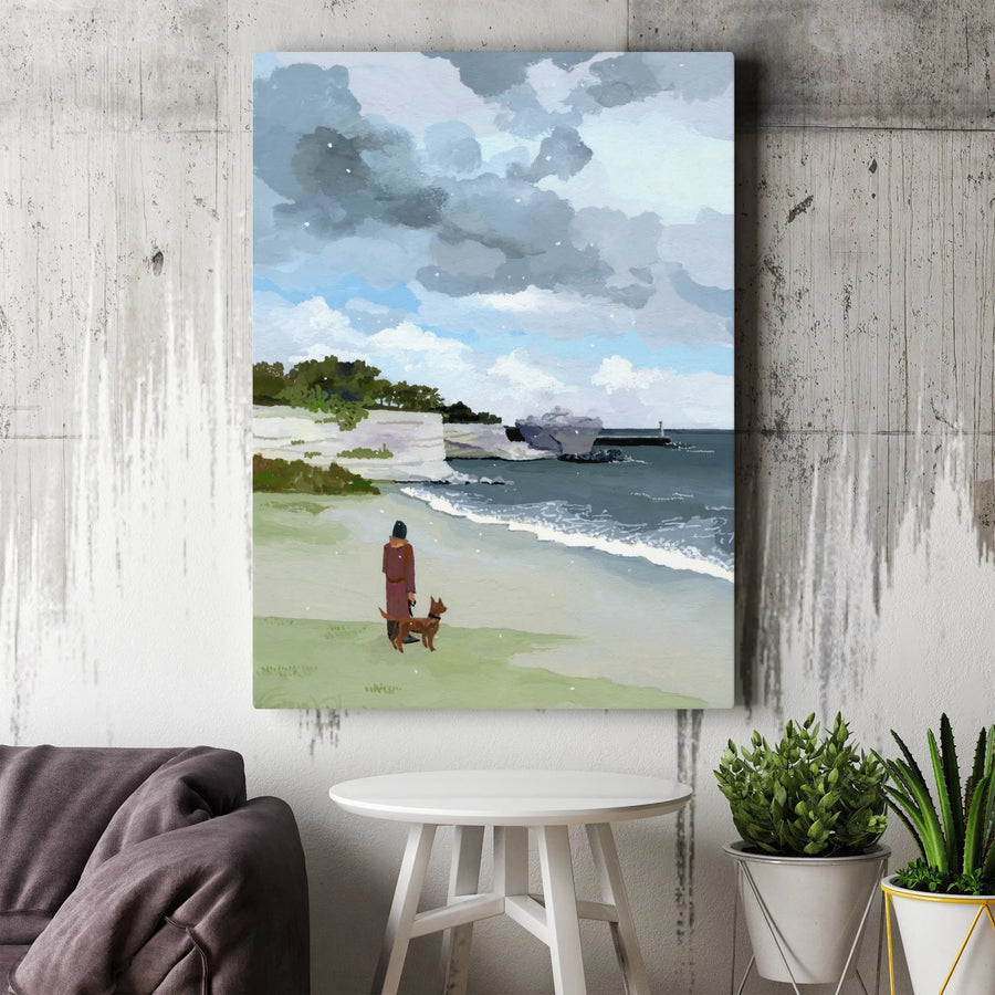 Dog on Beach Vertical Canvas | Painterly Ocean Scene with Woman Walking Dog | Premium Thick Gallery Wrap Print | Coastal Home Decor Gift for Dog Lover