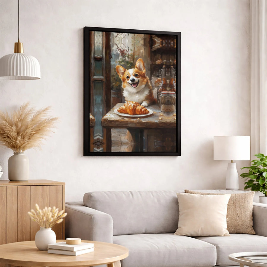 Corgi With Croissant Canvas Wall Art | Whimsical Cafe Style Oil Painting | Premium Fade-Resistant Gallery Wrap | Gift for Dog Lovers and Bakeries