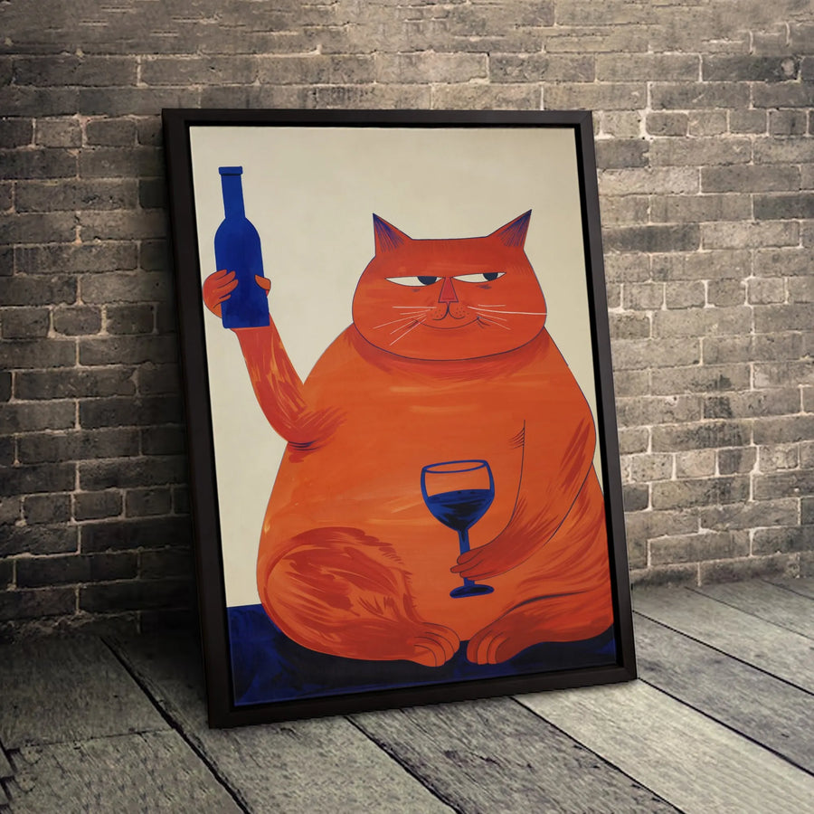 Funny Orange Cat Wine Art | Whimsical Mid-Century Modern Illustration | Premium Gallery Canvas | Unique Kitchen Decor Gift for Cat Lovers