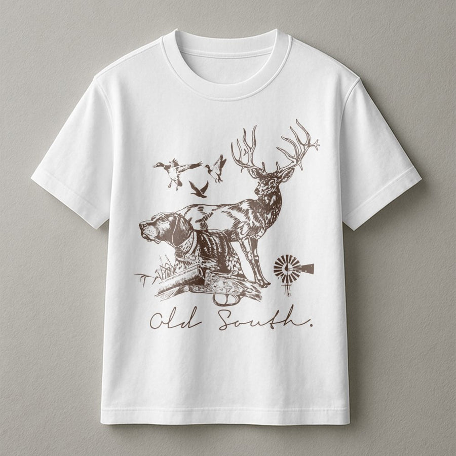 Hunting Dog And Deer T-Shirt | Vintage Whitetail Buck & Retriever Graphic | Premium Cotton Apparel | Gift For Outdoorsmen And Hunters